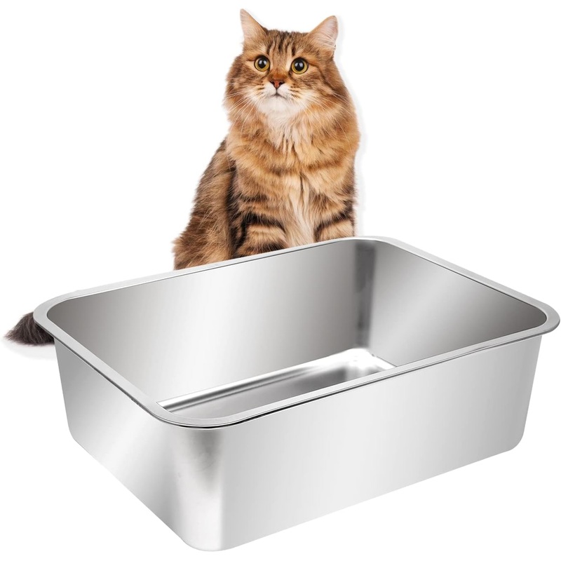 Kichwit Extra Large Stainless Steel Open Cat Litter Box with High Sides, 23.6 x 15.7 x 5.9 inches